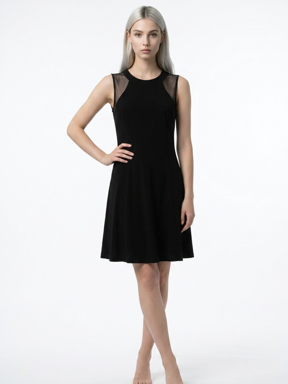 Carmen Marc Valvo Black Sleeveless Mesh Cut Outs Fit-and-Flare Dress